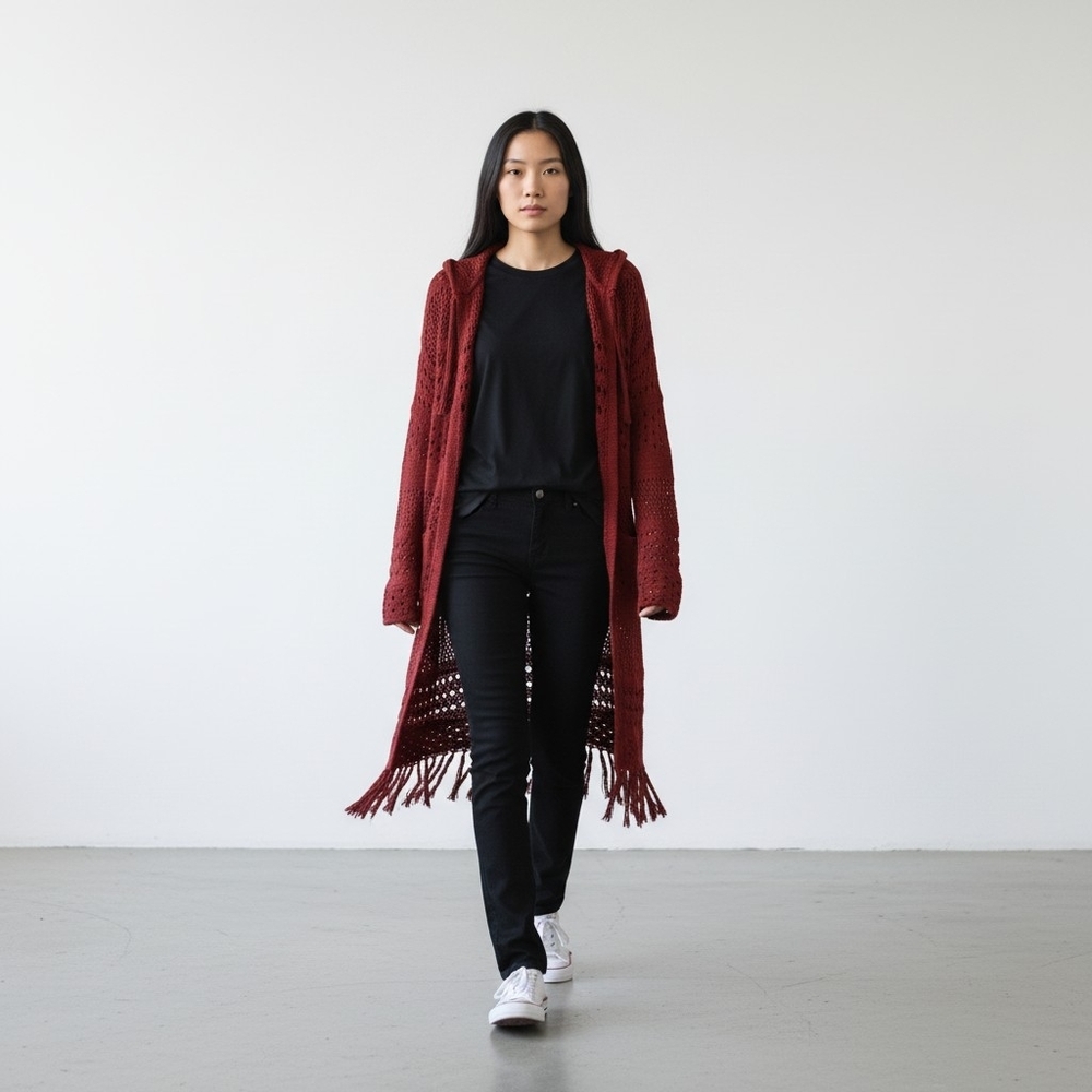 It's Our Time Womens L Burgundy Boho Hippie Fringed Vamp goth Juniors Cardigan